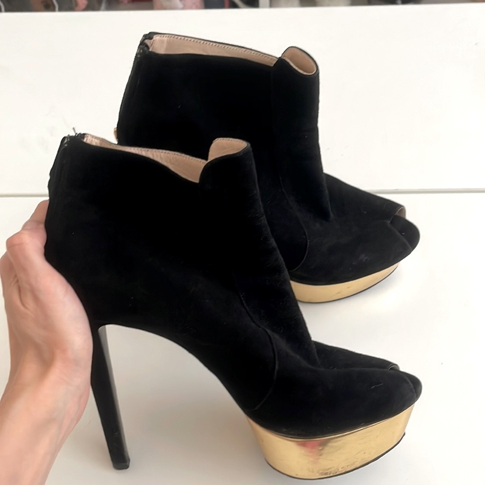 Prada
Suede Peep-Toe Platform Bootie, Black/ gold size 38 with dust bag